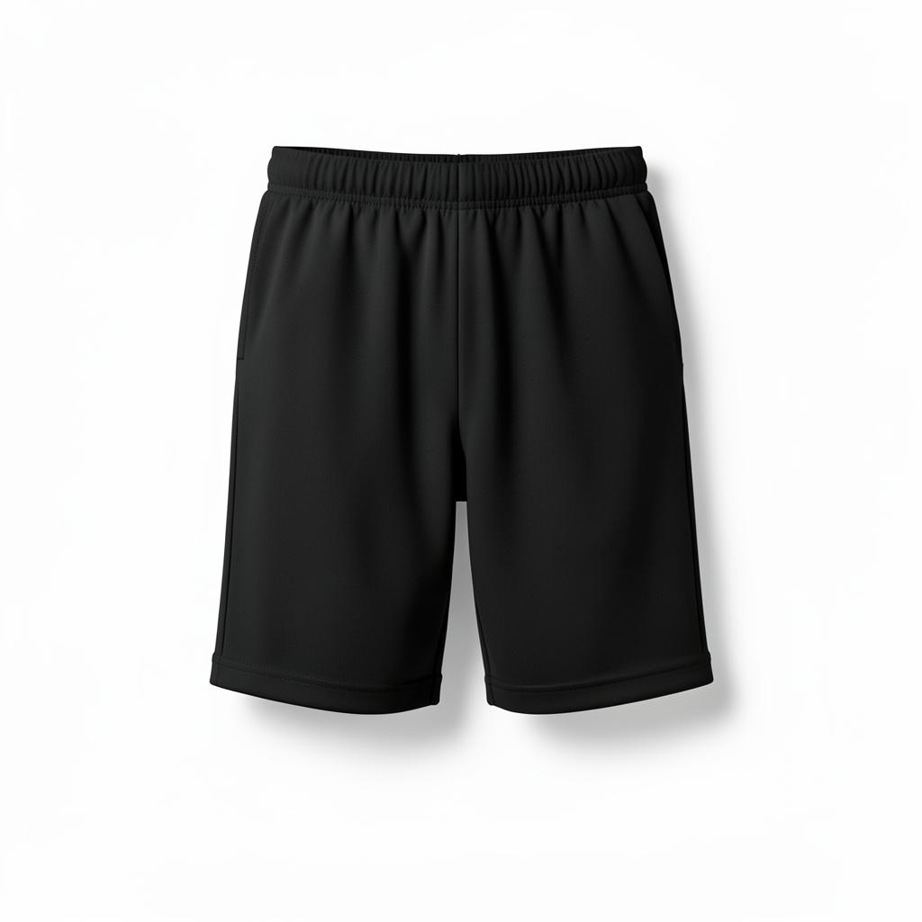 Plain black athletic shorts, above the knee